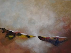 Two jagged forms float in mist, balanced across a tranquil divide. Muted tones soften sharp contrasts, creating a quiet tension between movement and stillness. This modern minimalist painting blends modern art, minimalist painting, abstract landscape to create a compelling piece for any contemporary art collection.