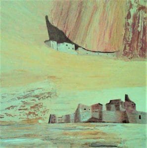 Two forms rise from pale desert hues, etched against smooth canyon walls. Their geometric quiet contrasts with the vast, fluid motion of the sandstone background. This modern minimalist painting blends modern art, minimalist painting, abstract landscape to create a compelling piece for any contemporary art collection.