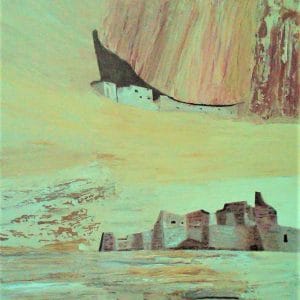 Two forms rise from pale desert hues, etched against smooth canyon walls. Their geometric quiet contrasts with the vast, fluid motion of the sandstone background. This modern minimalist painting blends modern art, minimalist painting, abstract landscape to create a compelling piece for any contemporary art collection.