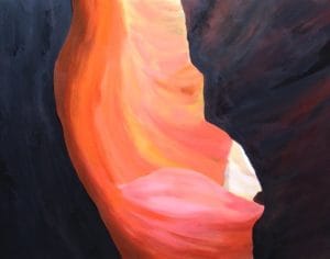 A ribbon of warm light curves through dark canyon walls. Saturated reds and oranges guide the eye inward, where form and glow converge in silence. This modern minimalist painting blends modern art, minimalist painting, abstract landscape to create a compelling piece for any contemporary art collection.