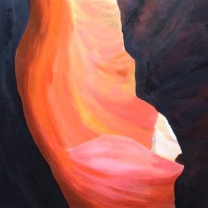 A ribbon of warm light curves through dark canyon walls. Saturated reds and oranges guide the eye inward, where form and glow converge in silence. This modern minimalist painting blends modern art, minimalist painting, abstract landscape to create a compelling piece for any contemporary art collection.