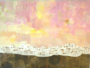 Warm light washes over abstract dwellings carved into a pale escarpment. Soft rose and amber tones recall an ancient city at sunset. This modern minimalist painting blends modern art, minimalist painting, abstract landscape to create a compelling piece for any contemporary art collection.