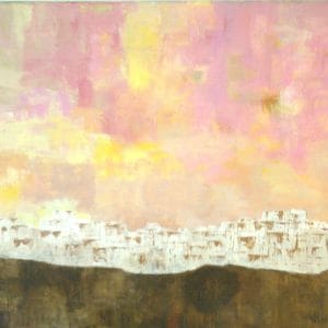 Warm light washes over abstract dwellings carved into a pale escarpment. Soft rose and amber tones recall an ancient city at sunset. This modern minimalist painting blends modern art, minimalist painting, abstract landscape to create a compelling piece for any contemporary art collection.