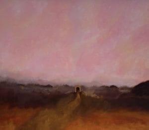 A distant structure sits under a vast pink sky. The landscape unfolds in soft shadows and quiet haze, evoking solitude and reflection. This modern minimalist painting blends modern art, minimalist painting, abstract landscape to create a compelling piece for any contemporary art collection.