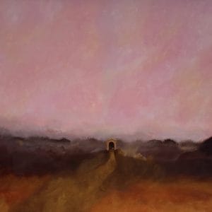 A distant structure sits under a vast pink sky. The landscape unfolds in soft shadows and quiet haze, evoking solitude and reflection. This modern minimalist painting blends modern art, minimalist painting, abstract landscape to create a compelling piece for any contemporary art collection.
