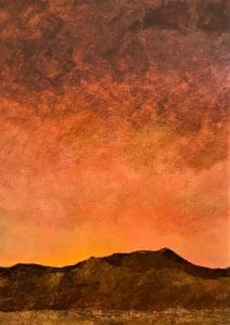 Rugged silhouettes rest beneath a glowing sky. The palette fades from ember to ash, capturing the final light over desert hills. This modern minimalist painting blends modern