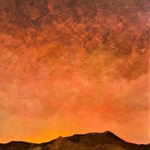 Rugged silhouettes rest beneath a glowing sky. The palette fades from ember to ash, capturing the final light over desert hills. This modern minimalist painting blends modern
