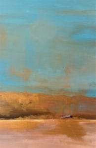 A single building anchors the horizon, dwarfed by expansive sky and earth. Muted colors and flat light evoke calm, isolation, and permanence. This modern minimalist painting blends modern art, minimalist painting, abstract landscape to create a compelling piece for any contemporary art collection.