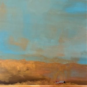 A single building anchors the horizon, dwarfed by expansive sky and earth. Muted colors and flat light evoke calm, isolation, and permanence. This modern minimalist painting blends modern art, minimalist painting, abstract landscape to create a compelling piece for any contemporary art collection.