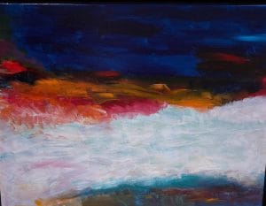 Brushstrokes collide in deep reds, blues, and whites. Energy builds in the chaos of motion, like stormwater rushing through arid land. This modern minimalist painting blends modern art, minimalist painting, abstract landscape to create a compelling piece for any contemporary art collection.