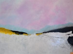A pale landscape stretches forward under a lavender sky. Black ridgelines and golden slopes break the quiet, hinting at geological memory and ice-bound stillness. This modern minimalist painting blends modern art, minimalist painting, abstract landscape to create a compelling piece for any contemporary art collection.