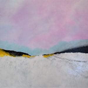 A pale landscape stretches forward under a lavender sky. Black ridgelines and golden slopes break the quiet, hinting at geological memory and ice-bound stillness. This modern minimalist painting blends modern art, minimalist painting, abstract landscape to create a compelling piece for any contemporary art collection.