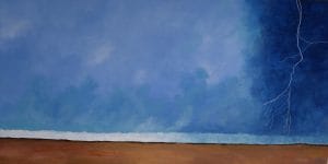 A bright bolt fractures the deep indigo sky. Below, the horizon remains grounded and still, juxtaposing nature’s calm and chaos with graphic clarity. This modern minimalist painting blends modern art, minimalist painting, abstract landscape to create a compelling piece for any contemporary art collection.