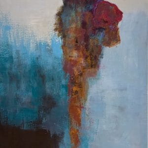 A lone blue figure perches atop a rugged cliff. The composition is vertical and spare, drawing focus to balance, resilience, and presence above the void. This modern minimalist painting blends modern art, minimalist painting, abstract landscape to create a compelling piece for any contemporary art collection.