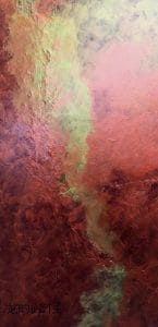 Cracked textures and flowing pigments create a serpentine path across layered reds and greens. The vertical format invites a slow ascent through luminous strata. This modern minimalist painting blends modern art, minimalist painting, abstract landscape to create a compelling piece for any contemporary art collection.