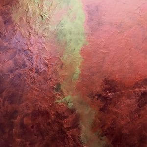 Cracked textures and flowing pigments create a serpentine path across layered reds and greens. The vertical format invites a slow ascent through luminous strata. This modern minimalist painting blends modern art, minimalist painting, abstract landscape to create a compelling piece for any contemporary art collection.