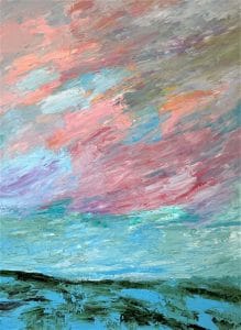 Sweeping strokes of pastel blues, pinks, and greens mimic water and sky. Bold texture energizes the horizon, where reflection becomes a blur of color. This modern minimalist painting blends modern art, minimalist painting, abstract landscape to create a compelling piece for any contemporary art collection.