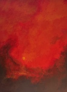 A golden sun rises through deep red haze, wrapped in layers of burning sky. The scene hums with intensity—an atmosphere thick with promise. This modern minimalist painting blends modern art, minimalist painting, abstract landscape to create a compelling piece for any contemporary art collection.