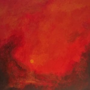 A golden sun rises through deep red haze, wrapped in layers of burning sky. The scene hums with intensity—an atmosphere thick with promise. This modern minimalist painting blends modern art, minimalist painting, abstract landscape to create a compelling piece for any contemporary art collection.