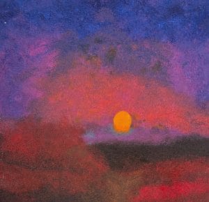 A textured sphere of orange settles into a twilight field of purples and reds. Rich pigments and subtle grain give this scene a sense of quiet finality. This modern minimalist painting blends modern art, minimalist painting, abstract landscape to create a compelling piece for any contemporary art collection.
