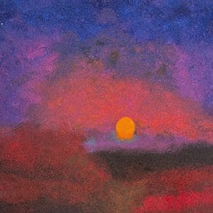 A textured sphere of orange settles into a twilight field of purples and reds. Rich pigments and subtle grain give this scene a sense of quiet finality. This modern minimalist painting blends modern art, minimalist painting, abstract landscape to create a compelling piece for any contemporary art collection.