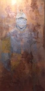A spectral figure clad in armor dissolves into layered hues of bronze and rust. Formally present, yet abstracted, the knight holds space between strength and memory. This modern minimalist painting blends modern art, minimalist painting, abstract landscape to create a compelling piece for any contemporary art collection.