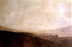 A solitary structure sits nestled in muted hills under an expansive, overcast sky. Earth and architecture blend into the landscape, evoking quiet endurance and space. This modern minimalist painting blends modern art, minimalist painting, abstract landscape to create a compelling piece for any contemporary art collection.