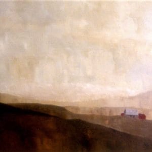 A solitary structure sits nestled in muted hills under an expansive, overcast sky. Earth and architecture blend into the landscape, evoking quiet endurance and space. This modern minimalist painting blends modern art, minimalist painting, abstract landscape to create a compelling piece for any contemporary art collection.