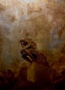 Bronze-toned and introspective, the figure crouches in timeless thought. Surrounded by an abstract wash of texture, the piece invites stillness and inward reflection. This modern minimalist painting blends modern art, minimalist painting, abstract landscape to create a compelling piece for any contemporary art collection.