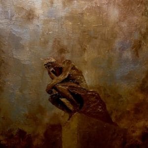 Bronze-toned and introspective, the figure crouches in timeless thought. Surrounded by an abstract wash of texture, the piece invites stillness and inward reflection. This modern minimalist painting blends modern art, minimalist painting, abstract landscape to create a compelling piece for any contemporary art collection.