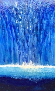 A torrent of radiant blue crashes downward, rendered in thick, impasto strokes. Motion and texture drive this vertical composition with pure, kinetic force. This modern minimalist painting blends modern art, minimalist painting, abstract landscape to create a compelling piece for any contemporary art collection.