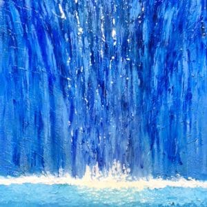 A torrent of radiant blue crashes downward, rendered in thick, impasto strokes. Motion and texture drive this vertical composition with pure, kinetic force. This modern minimalist painting blends modern art, minimalist painting, abstract landscape to create a compelling piece for any contemporary art collection.
