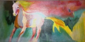 A luminous horse emerges from a storm of vibrant color. Electric with motion, this expressionist vision balances wild energy and surreal calm. This modern minimalist painting blends modern art, minimalist painting, abstract landscape to create a compelling piece for any contemporary art collection.