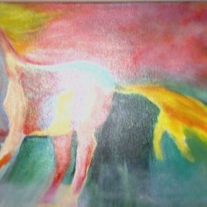 A luminous horse emerges from a storm of vibrant color. Electric with motion, this expressionist vision balances wild energy and surreal calm. This modern minimalist painting blends modern art, minimalist painting, abstract landscape to create a compelling piece for any contemporary art collection.